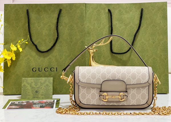 グッチ ホースビット 1955 ショルダーバッグ GGスプリーム キャンバス ベージュ＆ホワイト ‎‎735178 FABLN 9897 レザー ゴールド金具 - 画像 (2)