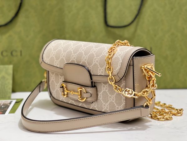 グッチ ホースビット 1955 ショルダーバッグ GGスプリーム キャンバス ベージュ＆ホワイト ‎‎735178 FABLN 9897 レザー ゴールド金具 - 画像 (4)