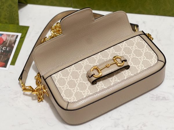 グッチ ホースビット 1955 ショルダーバッグ GGスプリーム キャンバス ベージュ＆ホワイト ‎‎735178 FABLN 9897 レザー ゴールド金具 - 画像 (7)