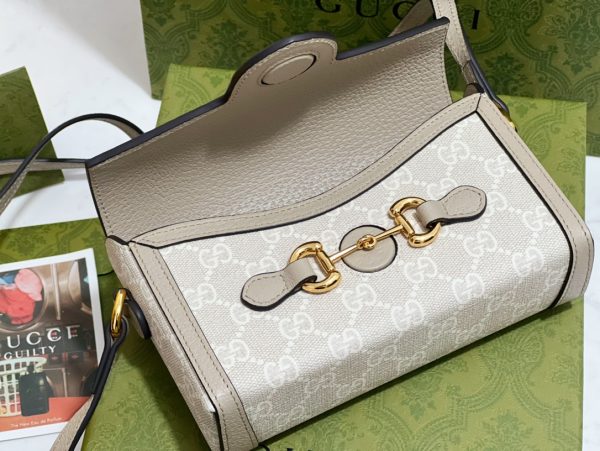 グッチ ホースビット 1955 ショルダーバッグ ベージュ＆ホワイト ‎‎‎699296 UULBG 9683 GGスプリームキャンバス×レザー ゴールド金具 - 画像 (8)