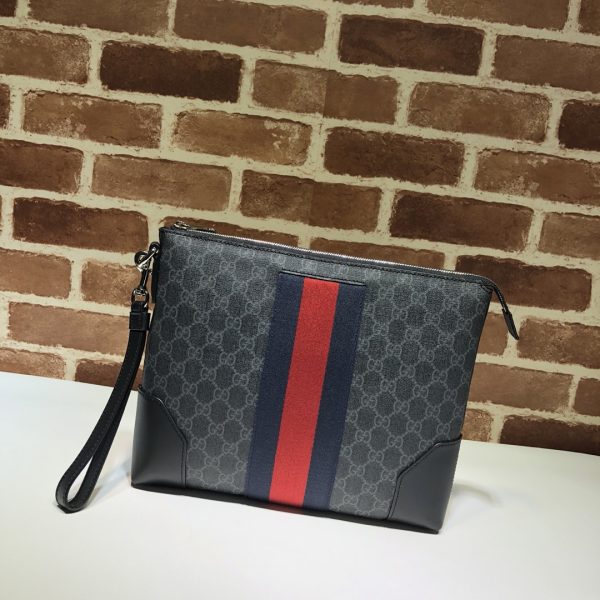 グッチ GUCCI メンズ クラッチバッグ WEB ウェブ ブラック/グレー×ネイビー×レッド 523603 9F2YN 1095 GGスプリーム キャンバス/レザー シルバー金具