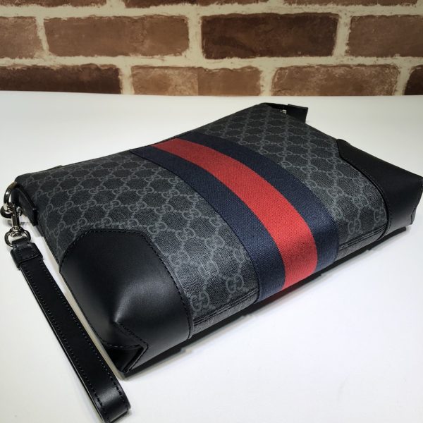 グッチ GUCCI メンズ クラッチバッグ WEB ウェブ ブラック/グレー×ネイビー×レッド 523603 9F2YN 1095 GGスプリーム キャンバス/レザー シルバー金具 - 画像 (5)