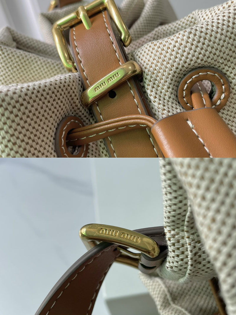 N品 MiuMiu ミュウミュウ デニムxレザー バケットバッグ 5BE089_2CRR_F0354_V_OLO ベージュ/ブラウン ゴールド金具 激安優良店 - 画像 (5)