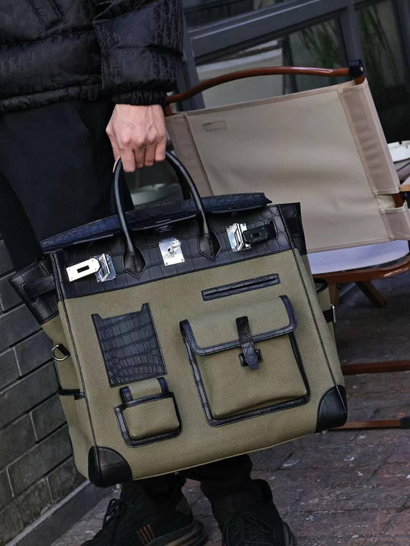 エルメス オータクロア 40cm カーゴ 黒 ブラック トワルアッシュ×クロコダイル ニロティカスマット シルバー金具 2412168 - 画像 (4)