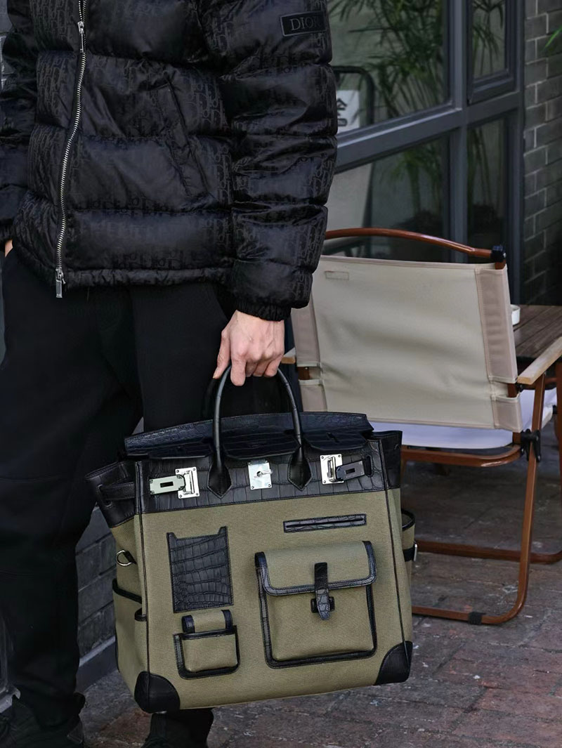 エルメス オータクロア 40cm カーゴ 黒 ブラック トワルアッシュ×クロコダイル ニロティカスマット シルバー金具 2412168 - 画像 (2)