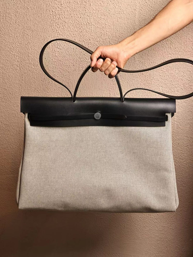 エルメス エールバッグ50 メンズ HERMES エールバッグジップGM ブラック ヴァッシュハンター/トワルアッシュ シルバー金具 2412791 - 画像 (2)