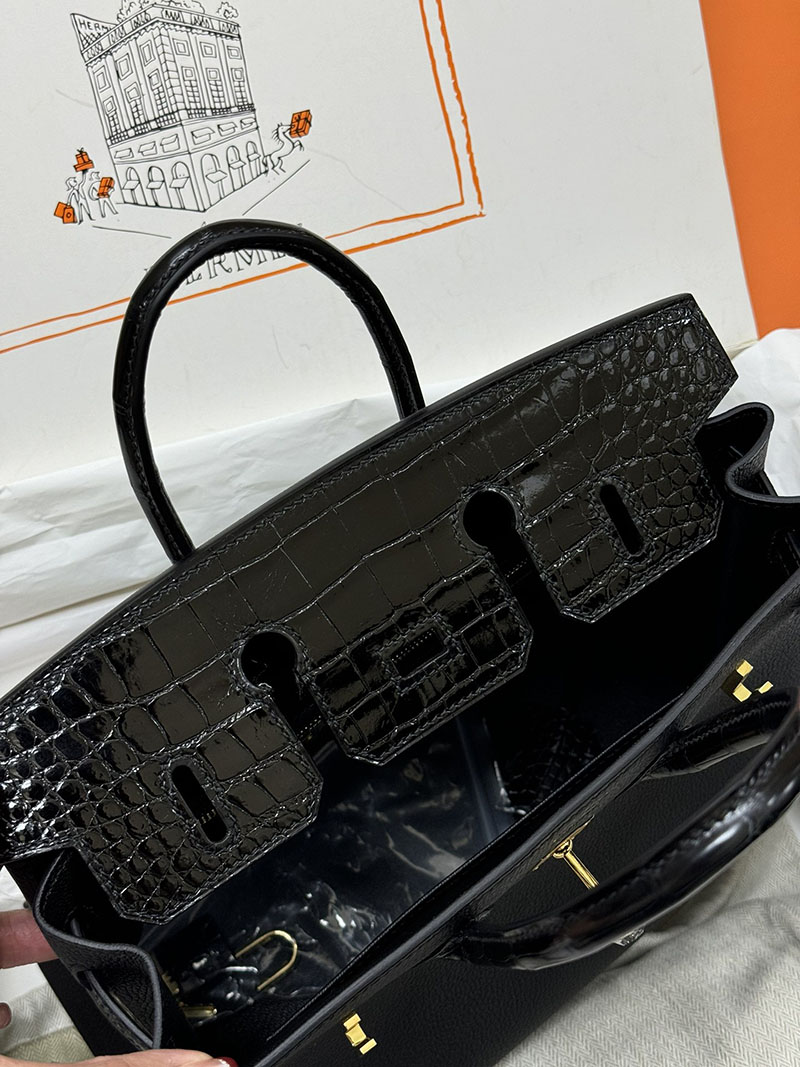 人気色 H品 エルメス バーキン25 タッチ 黒 ブラック トゴ/クロコダイル ニロティカスマット ゴールド金具 2517865 エルメスバーキン風バッグ - 画像 (2)