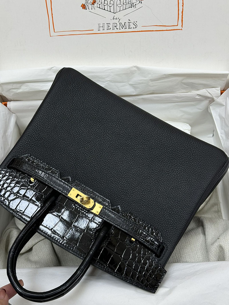 人気色 H品 エルメス バーキン25 タッチ 黒 ブラック トゴ/クロコダイル ニロティカスマット ゴールド金具 2517865 エルメスバーキン風バッグ - 画像 (9)