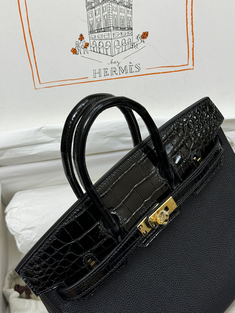 人気色 H品 エルメス バーキン25 タッチ 黒 ブラック トゴ/クロコダイル ニロティカスマット ゴールド金具 2517865 エルメスバーキン風バッグ - 画像 (6)