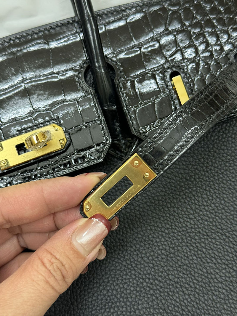 人気色 H品 エルメス バーキン25 タッチ 黒 ブラック トゴ/クロコダイル ニロティカスマット ゴールド金具 2517865 エルメスバーキン風バッグ - 画像 (5)