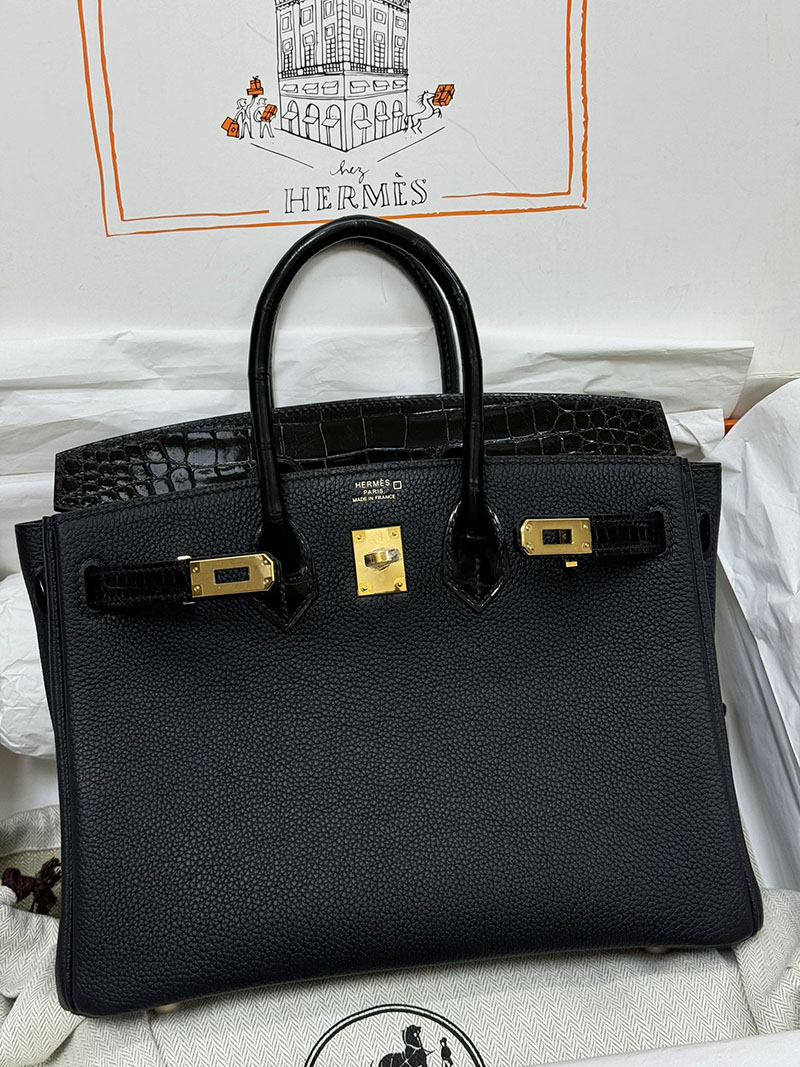 人気色 H品 エルメス バーキン25 タッチ 黒 ブラック トゴ/クロコダイル ニロティカスマット ゴールド金具 2517865 エルメスバーキン風バッグ - 画像 (4)