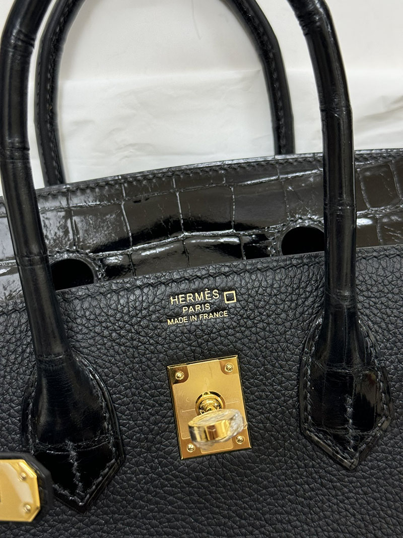 人気色 H品 エルメス バーキン25 タッチ 黒 ブラック トゴ/クロコダイル ニロティカスマット ゴールド金具 2517865 エルメスバーキン風バッグ - 画像 (3)