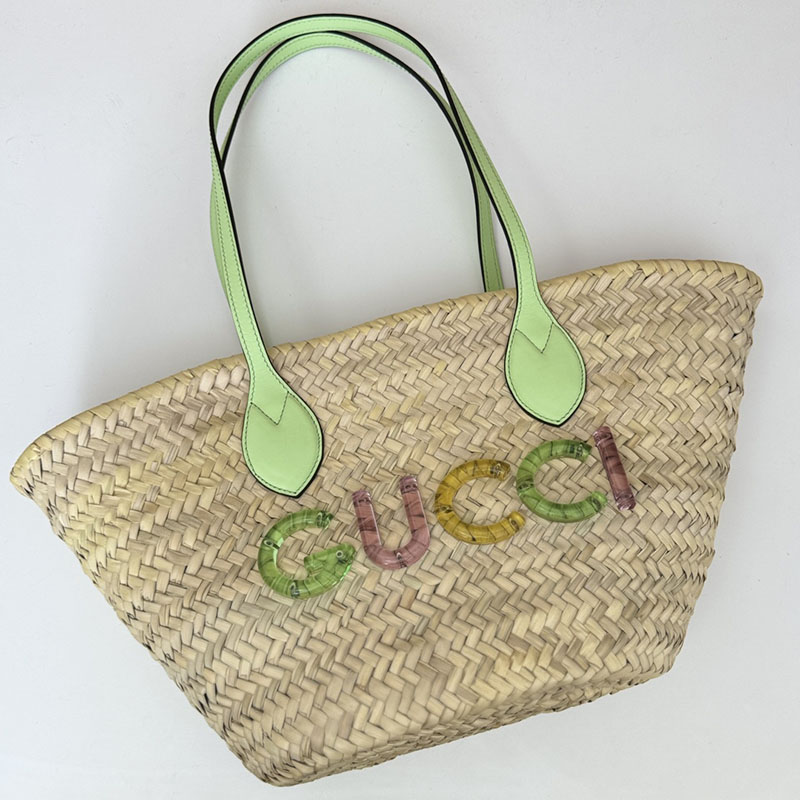 グッチ バッグ 人気 GUCCI ロゴ スモール ストロー トートバッグ 779524 9AAE6 9562 ナチュラル グッチ トートバッグ アウトレット - 画像 (4)