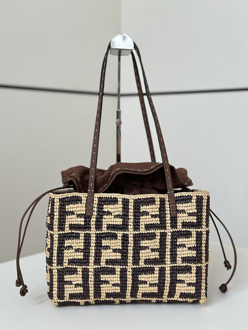 フェンディ 人気バッグ FENDI ロール スモール ブラウンFFラフィア クロシェ スリム クラッチ付きトートバッグ 8BH424AS3BF1PII - 画像 (9)