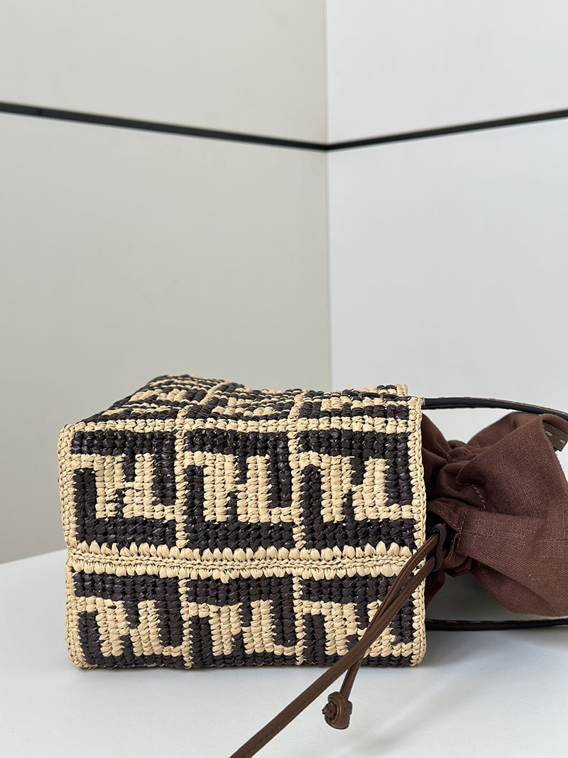 フェンディ 人気バッグ FENDI ロール スモール ブラウンFFラフィア クロシェ スリム クラッチ付きトートバッグ 8BH424AS3BF1PII - 画像 (8)