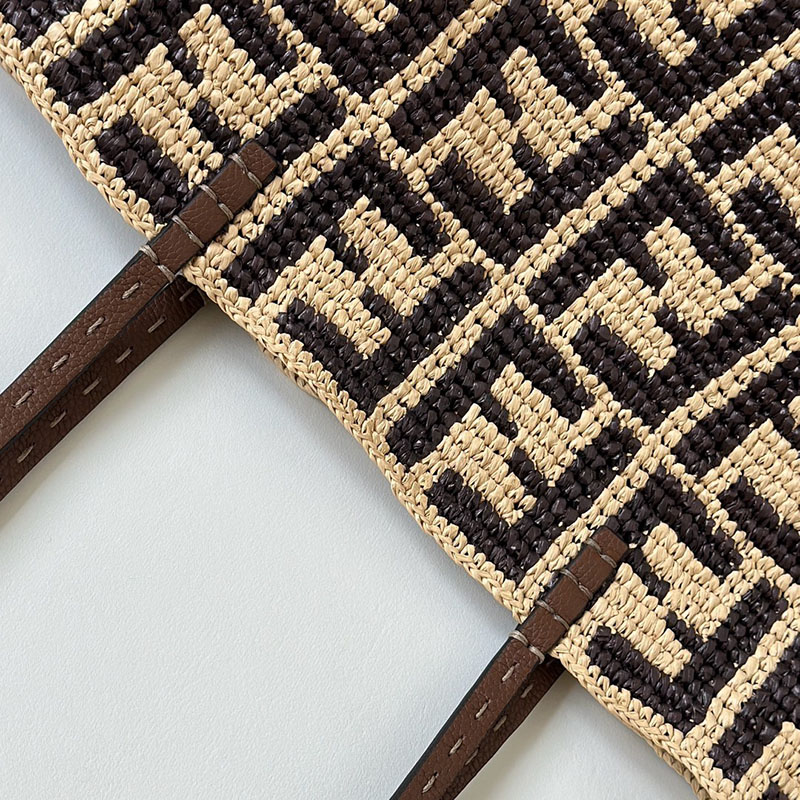 フェンディ 人気バッグ FENDI ロール スモール ブラウンFFラフィア クロシェ スリム クラッチ付きトートバッグ 8BH424AS3BF1PII - 画像 (6)