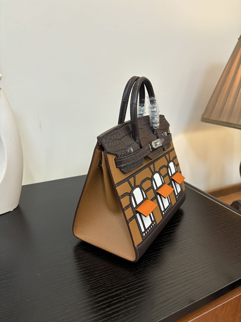 バーキン20 定価 HERMES バーキン 20 セリエ ゴールド×エベンヌ×ブリュレ ヴォー・マダム×アリゲーターマット×スイフト シルバー金具 2524377 - 画像 (7)