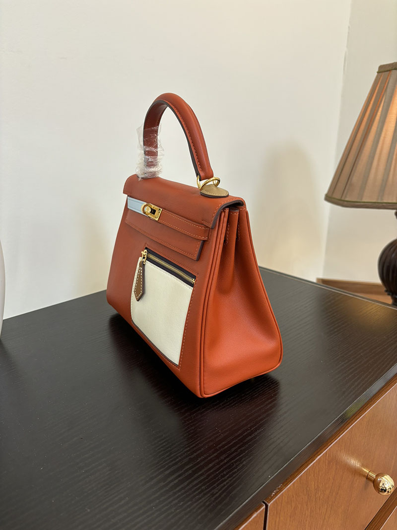 エルメス HERMES ケリー25 カラーマティック 内縫い ルージュカザック/ブルーアトール/クレ/ライム ヴォー・スイフト ゴールド金具 2524465 - 画像 (9)