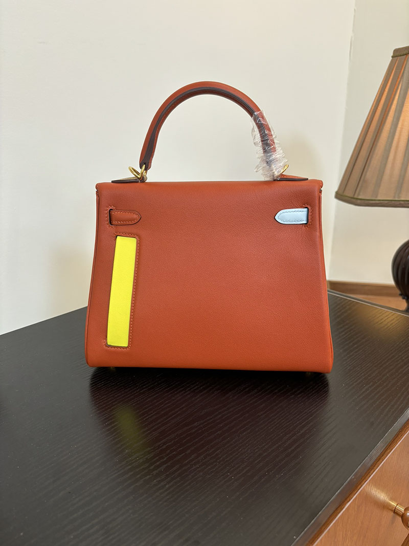 エルメス HERMES ケリー25 カラーマティック 内縫い ルージュカザック/ブルーアトール/クレ/ライム ヴォー・スイフト ゴールド金具 2524465 - 画像 (8)