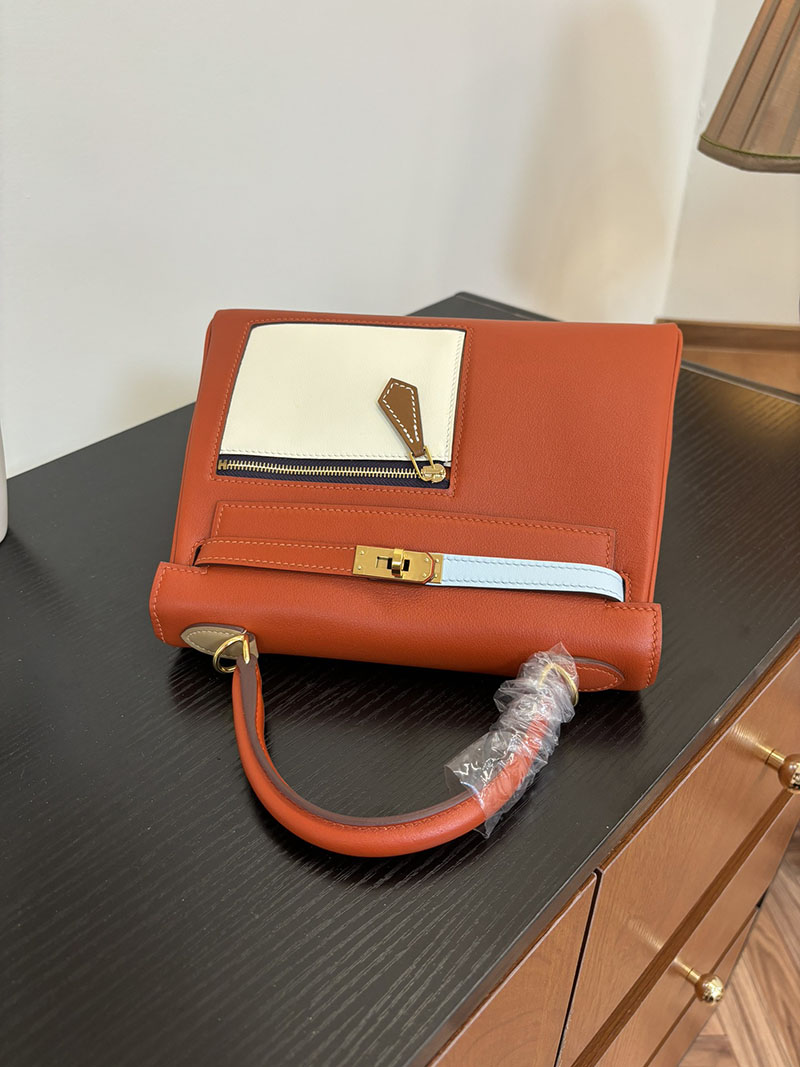 エルメス HERMES ケリー25 カラーマティック 内縫い ルージュカザック/ブルーアトール/クレ/ライム ヴォー・スイフト ゴールド金具 2524465 - 画像 (7)