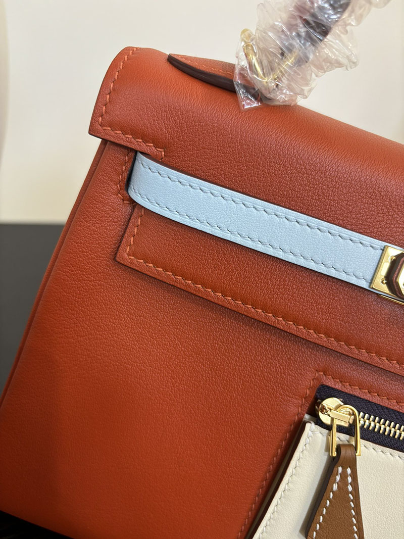 エルメス HERMES ケリー25 カラーマティック 内縫い ルージュカザック/ブルーアトール/クレ/ライム ヴォー・スイフト ゴールド金具 2524465 - 画像 (4)