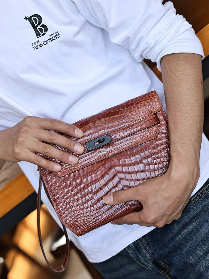 ケリーデペッシュ メンズ HERMES ケリーデペッシュ25 ゴールド クロコダイル シルバー金具 2627486 エルメス専門店 おすすめ - 画像 (3)